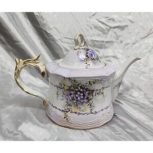 Victorian Style Floral Porcelain Teapot Music Box Purple White with Gold Trim